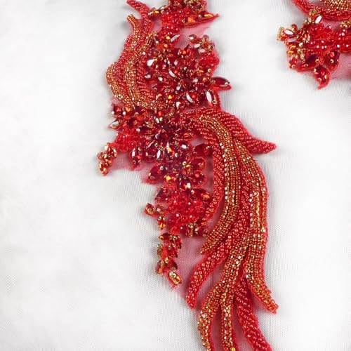 Labellezalady Hand-Made Beaded Rhinestons DIY Clothing Appliques Patch,14.5" *4.9" Wedding Dress Decoration,Red Flower Applique by Pair by Labellezalady - Image 4