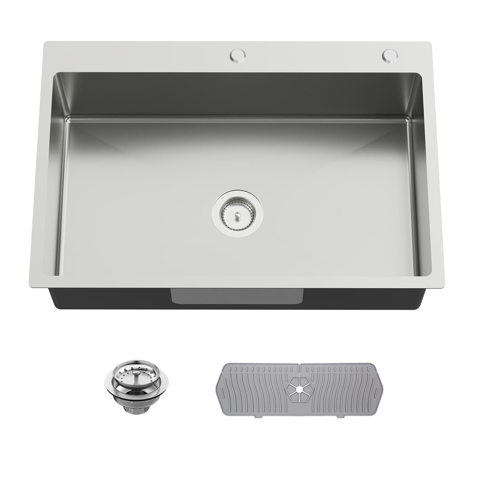 Kitchen Sink, 33x22 Inch Stainless Steel Drop In Modern Single Bowl Topmount Kitchen Sink Combo-Silicon Mat,Drain Strainer Set Offering Large Basin