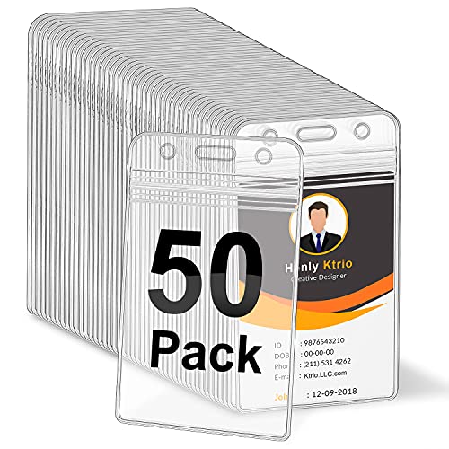 KTRIO 50 Pack Clear Vertical ID Badge Holder with Resealable Zip