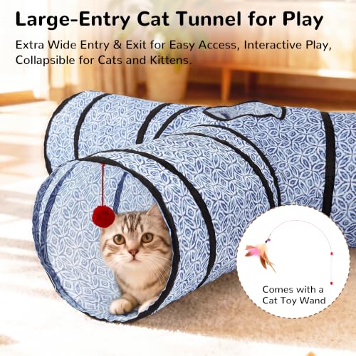 Image of Tempcore Cat Tunnel, 3-Way Collapsible Toy, Large Size Blue Coin | Large Size 3-Way Cat Tunnel Provides More Room for Cats to Run, Hide and Chase, with Peek Holes, Hanging Ball and Teaser Wand