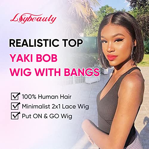 Lsybeauty 10 Inch Short Black Bob Wig With Bangs Human Hair Yaki Straight Bang Bob Wig Glueless Minimalist 2X1 Lace Scalp Bob Bang Wig For Women 100% Brazilian Human Hair Wigs 180 Density #TOP1