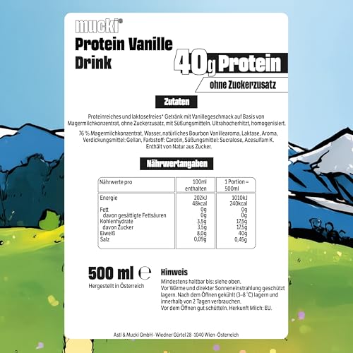 mucki PROTEIN DRINK VANILLE – Protein-Drink Fertig mit 40g Protein – Zero Fat Trinkmahlzeit für Muskelaufbau & bewusste Ernährung – 12 x 500 ml Vorratspack