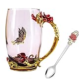 Coffee Mug, Clear Glass Tea Cup with Spoon, Lead-Free Handmade Butterfly Rose Flower Enamel Design,...