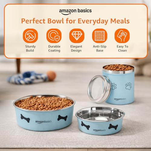 Image of Amazon Basics Stainless Steel Pet Feeding Bowls for Dog & Cats | 3 Pcs Set | Anti Slip Base | Canister & Heavy Dish Outside Blue Color with Printing | Canister 1000 ml & Heavy Dish 900 ml & 1800 ml