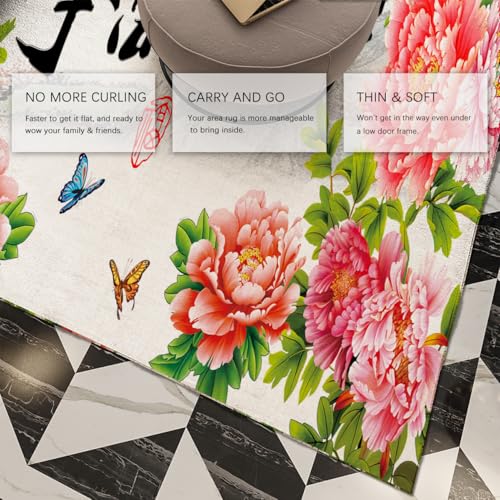 Tapis 160x230 pivoines et calligraphies chinoises pour salon - 4