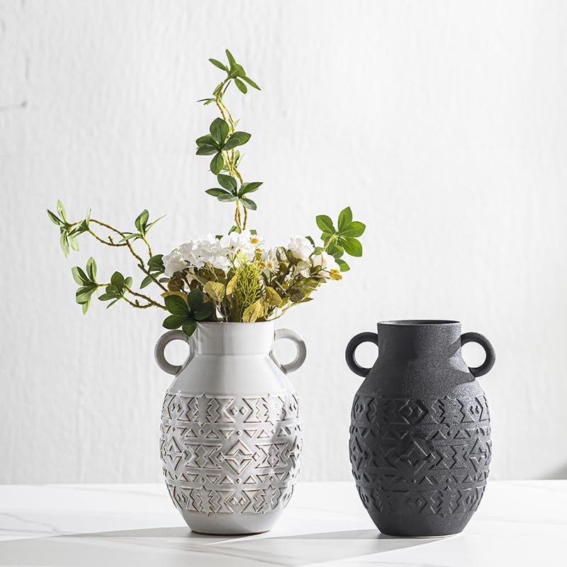 18 * 25 * 10 cm Vaso in Rilievo Semplice Vaso in Ceramica Opaco Bianco/Nero Rustico per Erba di Pampa Neutro Boho Decor Stile Minimalismo Nordico