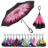 LLanxiry Umbrella,Inverted Reverse Upside Down Umbrellas with C-Shaped Handle, Anti-UV Waterproof Rain Umbrella for Women and Men (pink daisy)