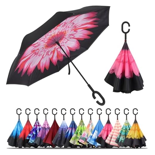 Umbrella,Windproof Waterproof Golf Umbrella,Double Layer Folding Inverted Anti-UV Protection Umbrellas,Reverse Sun Umbrella With C-Shaped Handle,Upside Down Umbrella for Car Rain Outdoor (pink daisy)