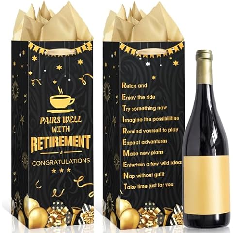 Innovoscape Wine Gift Bag with Handles Wine Bottle Gift Bag for Retirement Black Gold Wine Paper Bag for Men Women with Tissue Paper for Birthday Retirement Party Supplies Cover