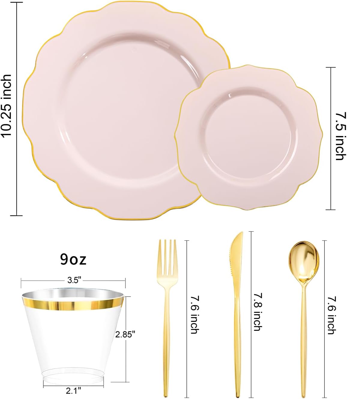 bUCLA 180PCS Pink Plastic Plates - Pink with Gold Rim Disposable for Party Include 30 Each (Dinner & Dessert) Plates, 30 Knives, 30 Forks, 30 Spoons, 30 Cups for Wedding, Easter, Birthday & Shower