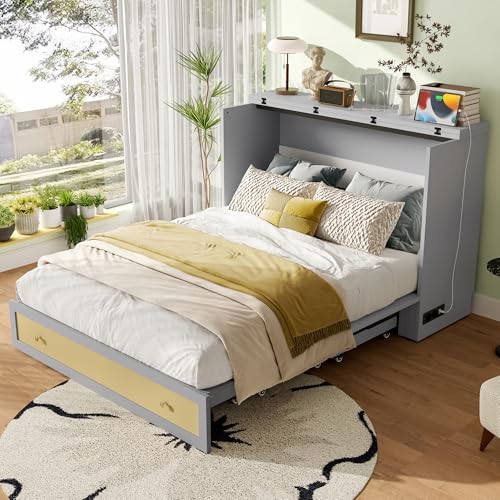 Soweiz Schrankbett 140x200cm, Mobiles Schrankbett mit Schubladen am Bettende und Regal am Kopfende des Bettes, mit USB und Steckdose, Umbaubares Plattformbett, Ohne Matratze (Grau)