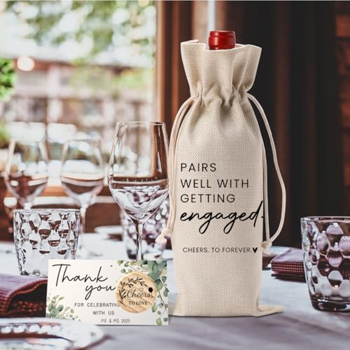 Image of Engaged Gifts Engagement Gifts for Couples Her Engagement Party Decorations | Bridal Shower Decorations Wine Gift Bag Cheers To Forever Wine Bottle Bag with Thank You Card And Stopper