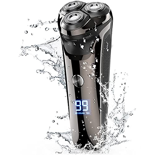 Electric Shavers Men, Waterproof Wet & Dry Electric Razor for Men, Cordless Rechargeable Man’s 3D Rotary Shavers for Men with Pop-up Beard Trimmer, LCD Display, Travel Lock-Black