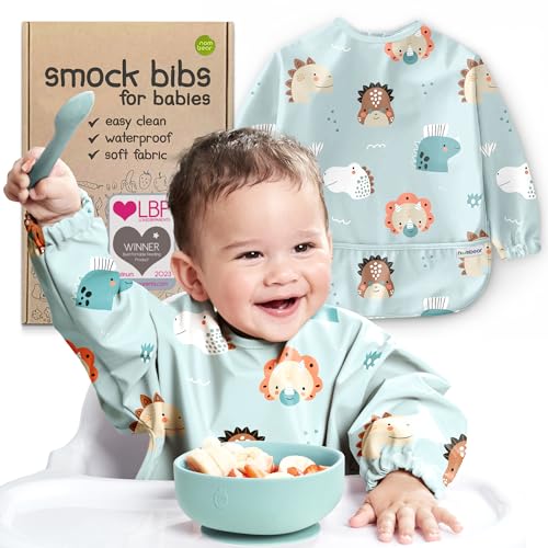 Waterproof Smock Baby Bibs for Eating and Baby Led Weaning - Long Sleeve Bib for Boys and Girls 6-12 Months