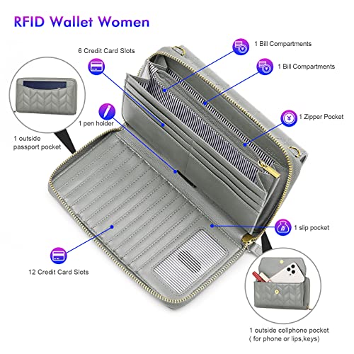 Image of nuoku RFID Blocking Wristlet Wallet for Women, Zip-Around Crossbody Clutch with 2 Removable Straps