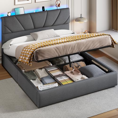 Image of DICTAC 5ft King Size Ottoman Bed with LED Lights – 890L+ Storage, Hydraulic Lift-Up, 52cm Dual‑Zone Upholstered Headboard, Charging Station, Adjustable Height, Grey