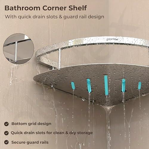 Image of Plantex Bathroom Corner Shelf for Wall Mount /304 Grade Stainless Steel Corner Shelf for Bathroom with Railings /Bathroom Accessories Holder (9x9 inches, Chrome)