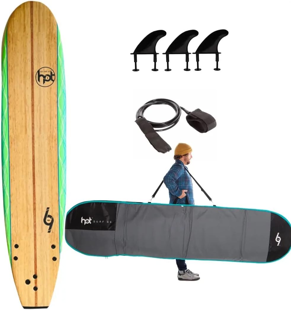 Hot Surf 69 9ft Soft Longboard Beginners Surfboard Package Deal Bag Leash Wax