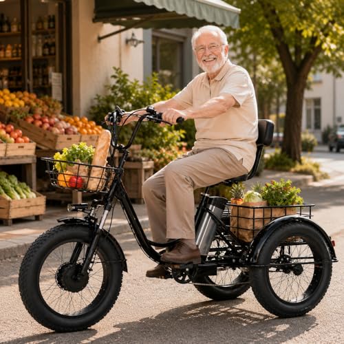 Triciclo Eléctrico Plegable Para Adultos, Bicicleta Eléctrica De 3 Ruedas Con Neumáticos Anchos De 20' Y Cestas De Carga Grandes, Triciclo Eléctrico De Fácil Acceso Para Hombres Y Mujeres
