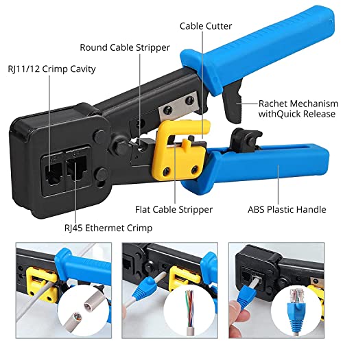 Image of ELECTRO WOLF Crimping Tool Kit RJ45 CAT5 CAT5E CAT6 Crimping Tool, Network Cable Tester, Wire Punch Down Cutter, 50pcs RJ45 CAT6 Pass Through Connectors, 50pcs Covers, 9v Battery (Blue)