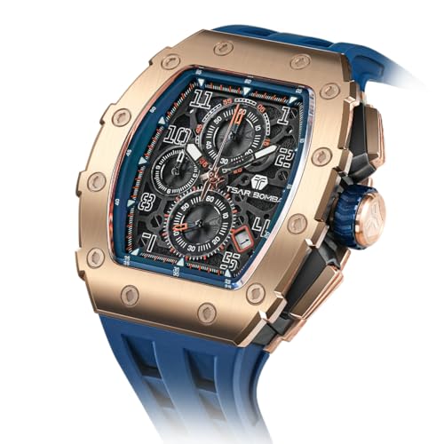 Image of TSAR BOMBA Mens Luxury Watch Watches for Men 50M Waterproof Japanese Quartz Movement Tonneau Stainless Steel Case Sapphire Glass with Chronograph Date Function Cool Unique Fashion Gift