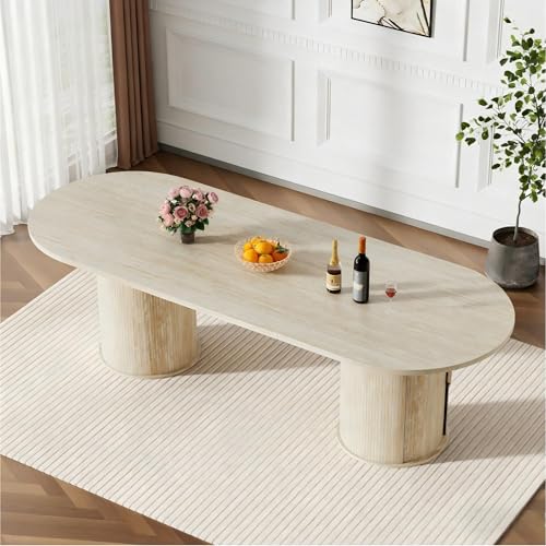 Image of 63 inch-94 inch Large Oval Extendable Dining Table for 6 8 10, Faux Travertine Expandable Kitchen Table with Fluted Cylindrical Storage Base, Modern Farmhouse Expanding Table for Dinner Party Family Gathering