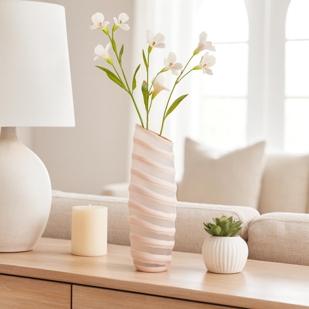 Decorative Carved Glass Vase for Counter - Perfect Flower Vase for Living Room, Bedroom, Office, and Room Styling - Stylish House Decor, Home Display Accent, and Coffee Table Centerpiece - 13", Ivory