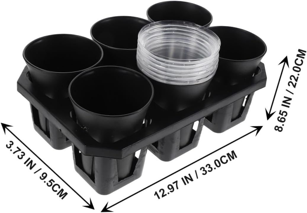 KICHOUSE Root Control Nursery Containers with Lid and Base Bracket, Medium Plastic Round Pots for Gardening and Indoor Planting, Set of 6 Black Covered Flower Pots for Plant Lovers