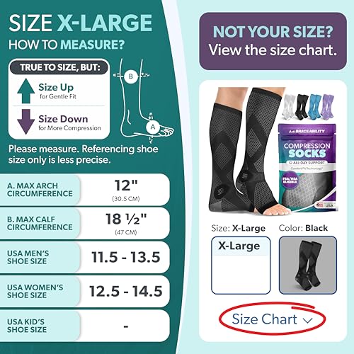 Image of BraceAbility Compression Socks for Circulation - 20-30 mmHg Knee High Neuropathy Open Toe Stockings Best for Varicose Veins, Restless Leg, POTS, Toeless Support for Men, Women - 1 Pair (XL - Black)