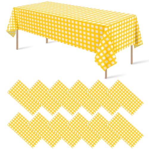 Image of 12Pack Yellow and White Plastic Checkered Tablecloth, Premium Decorative Disposable Yellow Gingham Plaid Table Cloths for Parties, Rectangle Party Table Cover for Picnic Birthday Wedding, 54x108 Inch