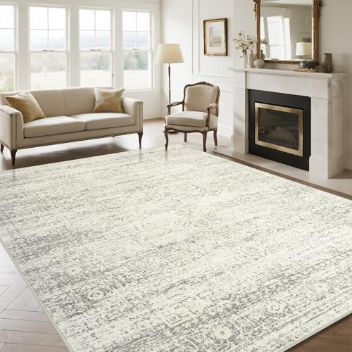 Srugn 9x12 Washable Faux Wool Area Rug, Non-Slip, Beige