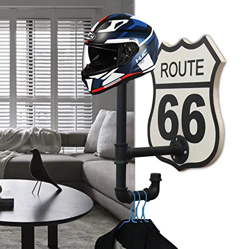 Jatesen Helmet Holder Wall Mount,Motorcycle Helmet Rack Made Of Industrial Pipe And Wooden Route 66 Pattern,Helmet Hanger For Coats,Caps,Baseballs And Rugby Helmet #TOP4