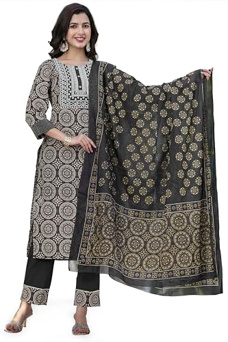 Image of MIRCHI FASHION Women's Straight Fit Pure Cotton Embellished Floral Printed Kurta Set with Dupatta and Trouser