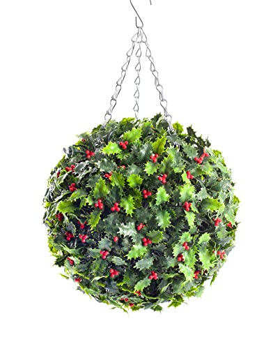 Best Artificial 28cm Holly Ball Christmas Topiary Xmas Hanging Basket