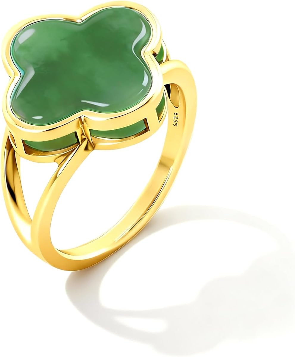 Natural Onyx Agate Four Leaf Clover Jade Stone Ring,14K Gold Plated minimalist style Generous Genuine Gemstone Turkey Ring Jewelry for Women