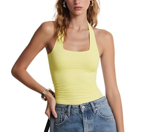 Women Halter Backless Tank Tops Sexy Halter Neck Double Line Cute Y2k Summer Going Out Crop Tops Trendy Camisole Shirts(Yellow,X-Large)