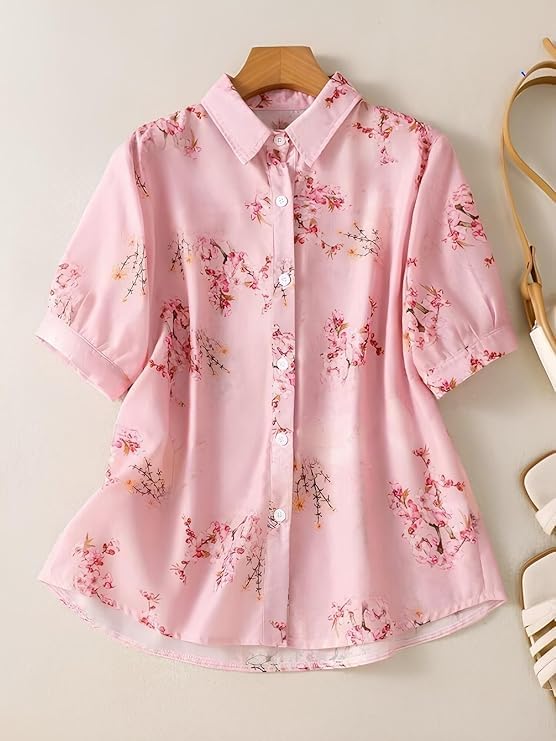 Image of Gufrina Women Floral Printed Shirt Short Sleeve Button Down Top | Casual Summer Blouse Lightweight Soft Fabric Regular Fit Stylish Top