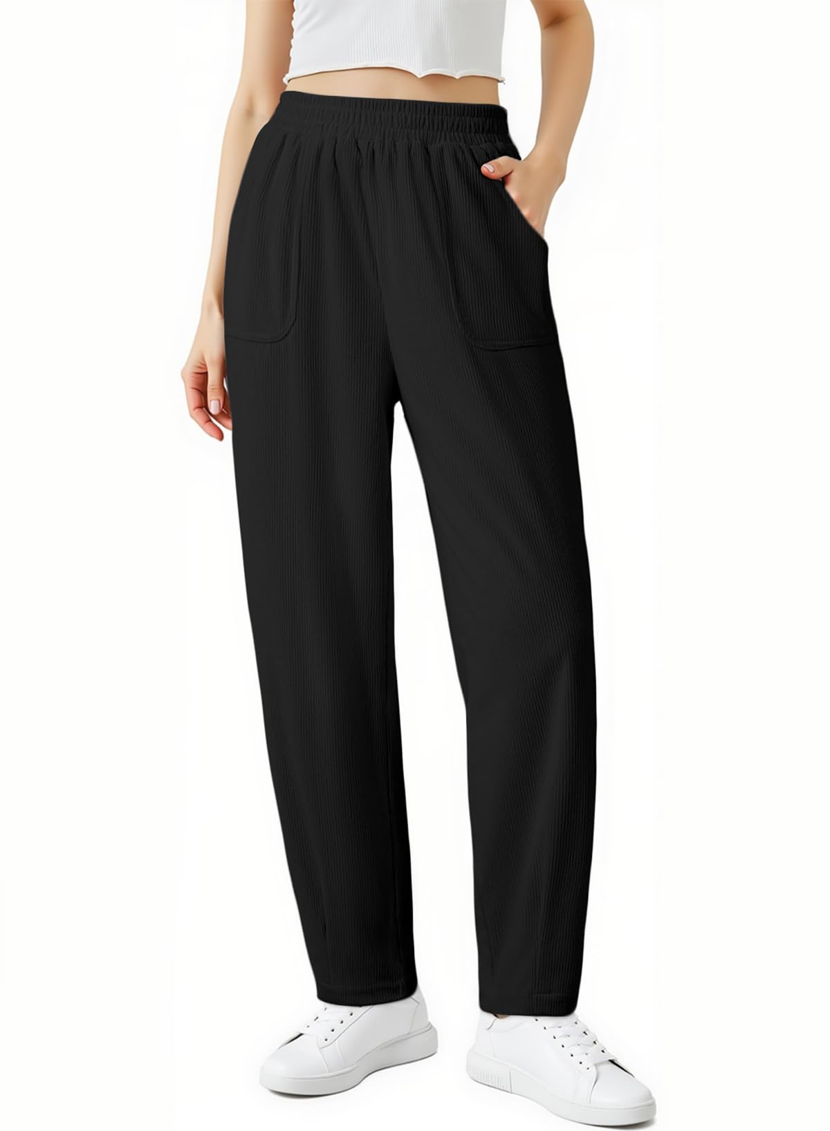 EVALESS Womens Corduroy Pants Elastic High Waist Pleated Wide Leg Trousers Fall Comfy Casual Baggy Pants with Pockets