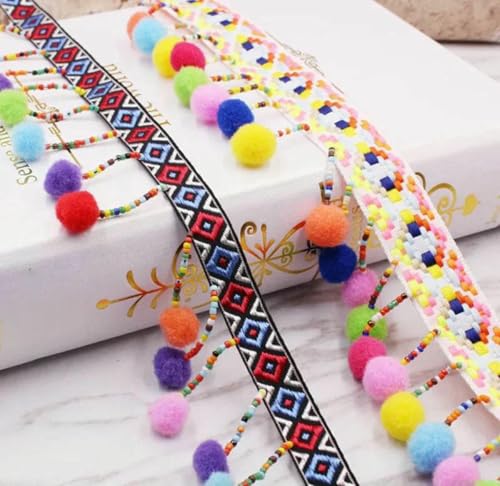 Ruban de dentelle au mètre avec franges en soie et pompons pour couture