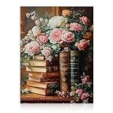Design Unique : Cette œuvre d'art murale de fleurs et de livres présente un arrangement luxuriant de fleurs roses et blanches avec des livres vintage ornementaux, évoquant une atmosphère classique et luxueuse, idéale pour ajouter une touche de sophistication à n'importe quelle pièce.