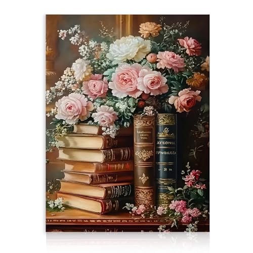 Dazzlewall Stampa Fiori Vintage e Libri Antichi, Poster con Mazzetto di Peonie e Rose Classiche e Libri Antichi Decorati per Studio Camera da Letto Soggiorno Biblioteca 30×40 cm Senza Cornice