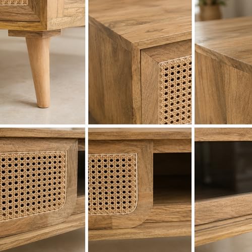Image of The Attic INES Coffee Table for Living Room, Solid Wood Centre Table with Cane with Sliding Doors, Natural Finish