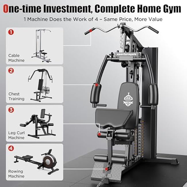 Sportsroyals Home Gym, Multifunctional Home Gym Equipment, Workout Station with 154LBS Weight Stack, Exercise Equipment for Full Body Traning with Pulley System