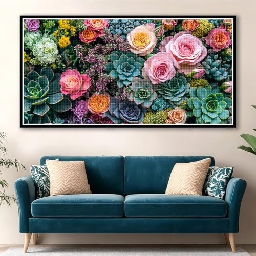 Broderie diamant grand format fleur 80x40cm pour décoration murale maison