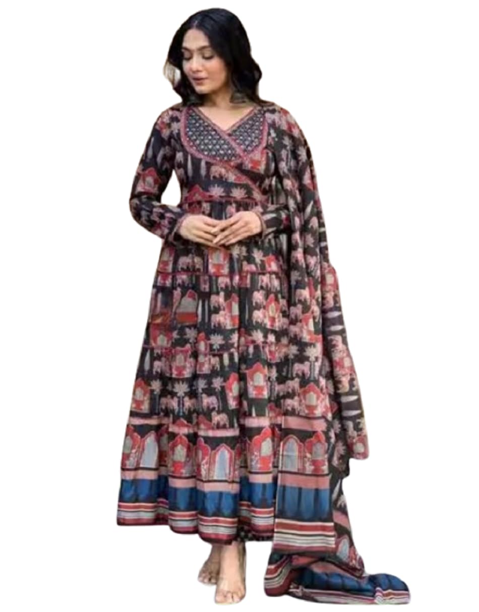 BLUEWINGSCRAFTS Women's Anarkali Printed Cotton Kurta & Pant with Dupatta Set