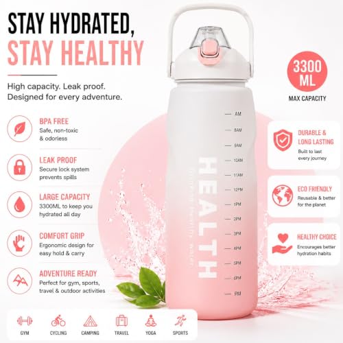 Image of Ryaco Delzon 3.3L Large Water Bottle for Gym, Motivational Time Marker Sipper Bottle, Reusable Sports Water Bottle for Men & Women, Workout, Fitness, Travel & Outdoor Use