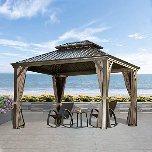 Outdoor Hardtop Gazebo (2021 New) - Galvanized Steel Double Roof,Patio Gazebo Canopy with Privacy Curtains and Net,Permanent Aluminum Frame (Calaro 10