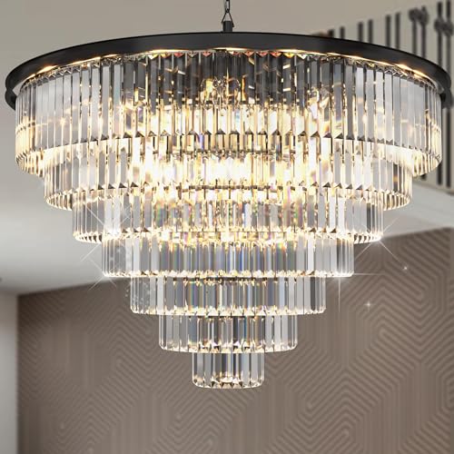 MEELIGHTING 24 Lights Empress Crystal Chandelier Lighting Modern Contemporary Chandeliers Pendant Ceiling Lamp Lights Fixture 7-Tier for Dining Room Living Room Hotel Showroom W39.4