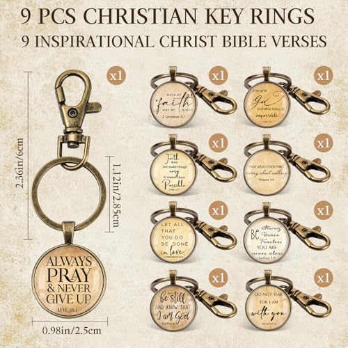 Fumete 9 Pcs Christian Keychain Bulk Bible Verse Religious Key Chains Scripture Quote Positive Gift for Women Men Church Pastor (Bronze,Vintage)