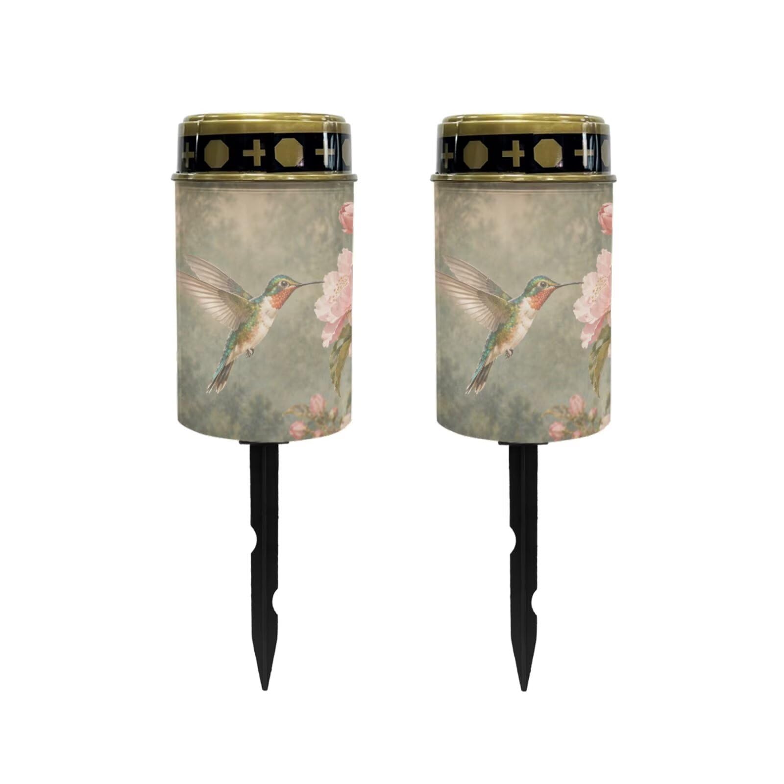 Poceacles Solar Lights Outdoor Solar Powered Cemetery Stake Lights Grave Lamp Landscape Lighting Waterproof Grave Flameless Candles, Vintage Floral Hummingbird Green, 2 Piece
